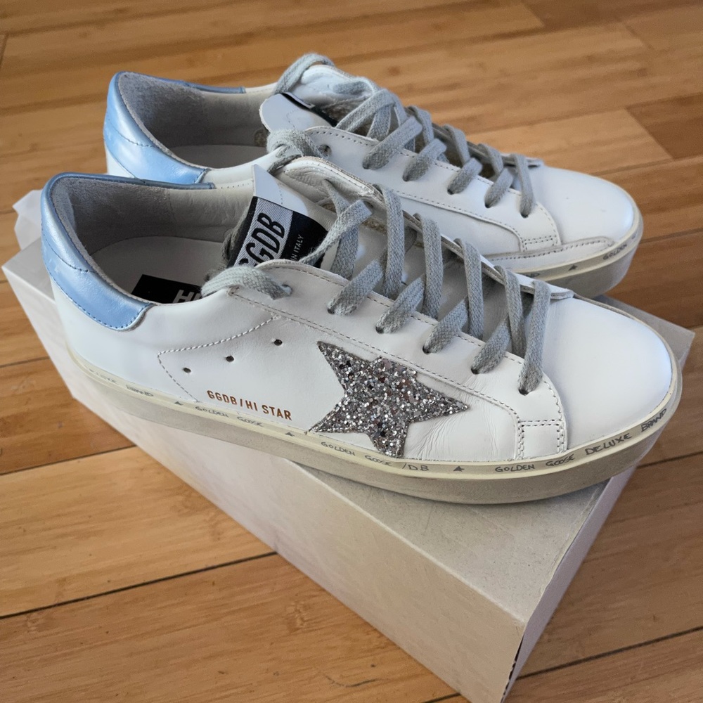 Golden Goose White Blue Distressed Glitter Hi Star size 38